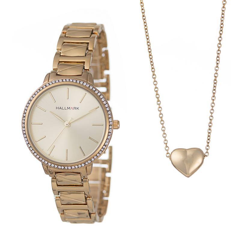 Hallmark Ladies Gold-Tone Watch & Heart Pendant Necklace Gift Set