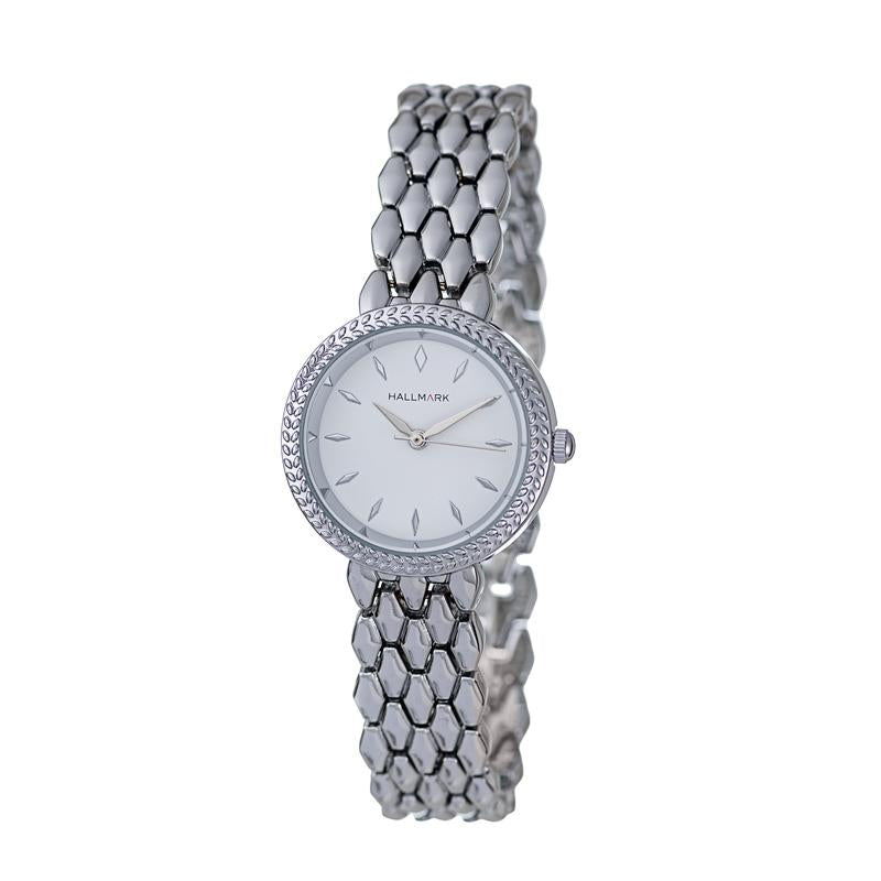 Hallmark Ladies’ Silver-Tone Watch with White Dial and Textured Bracelet