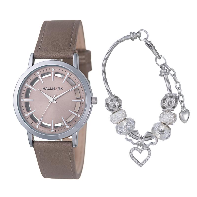 Hallmark Ladies Taupe Watch & Charm Bracelet Gift Set