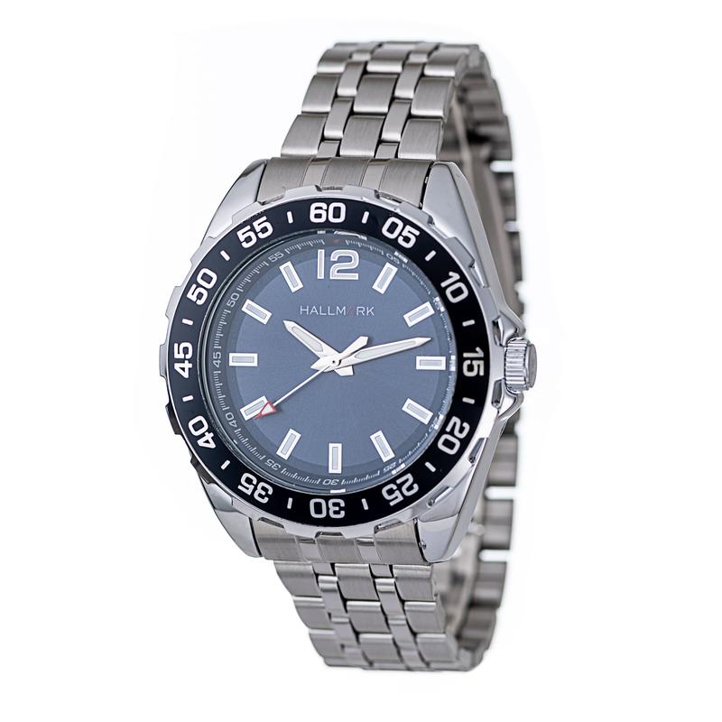 Hallmark Men’s Silver-Tone Sports Watch with Blue Dial and Black Bezel