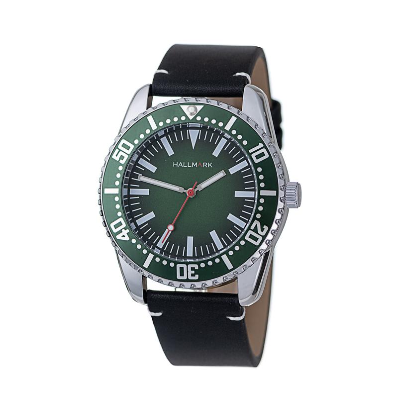 Hallmark Men’s Silver-Tone Sports Watch with Green Dial and Black Leather Strap