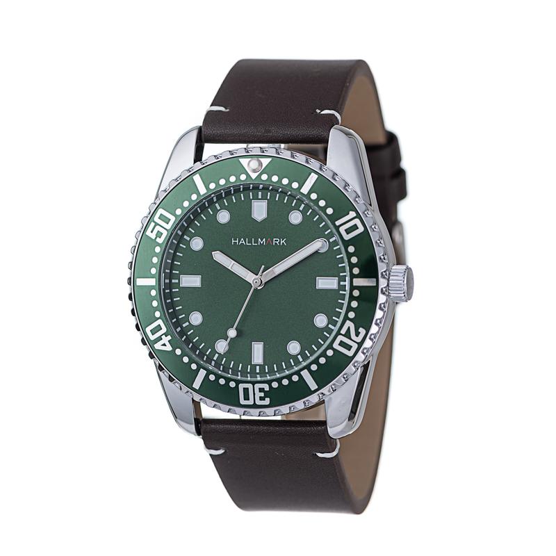Hallmark Men’s Silver-Tone Sports Watch with Green Dial and Brown Leather Strap