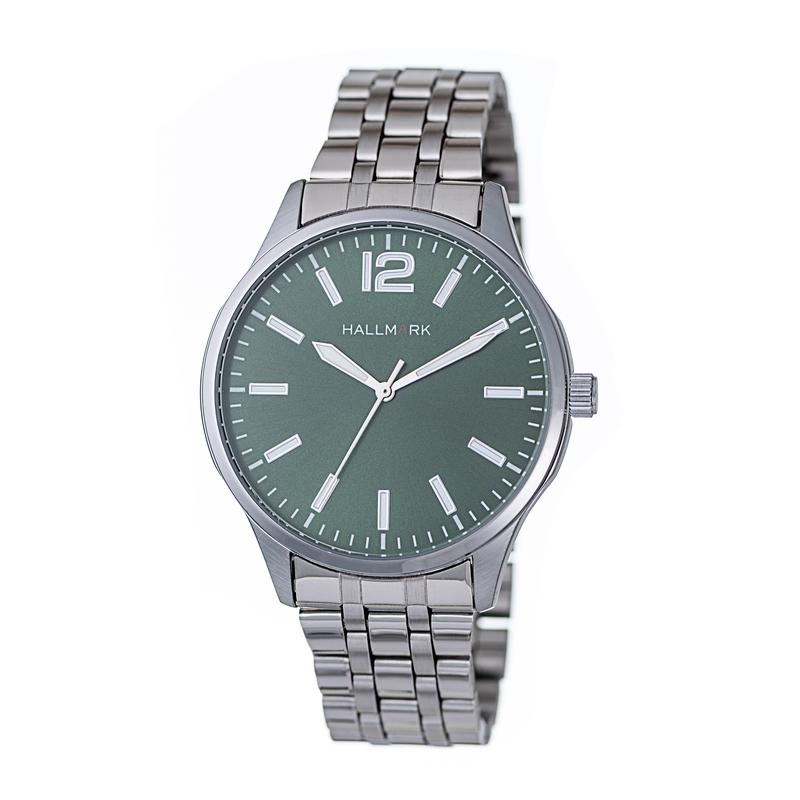 Hallmark Men’s Silver-Tone Watch with Green Dial