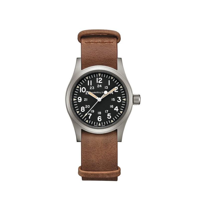 Hamilton Khaki Field Mechanical 38mm watch with a matte stainless steel case, black dial, and brown leather NATO strap.