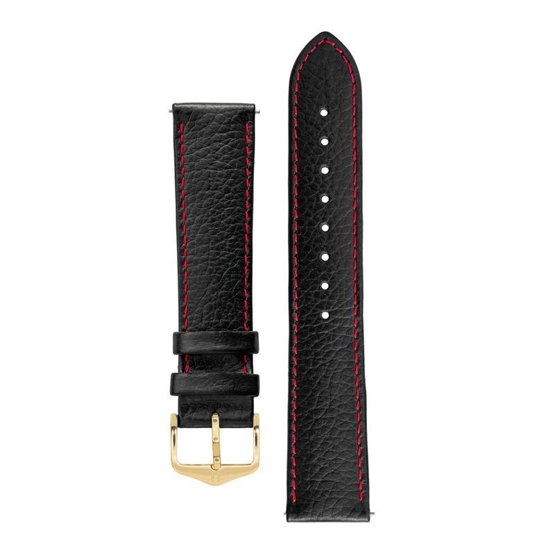 Hirsch KANSAS Buffalo-Embossed Calf Leather Watch Strap in BLACK with Red Stitch