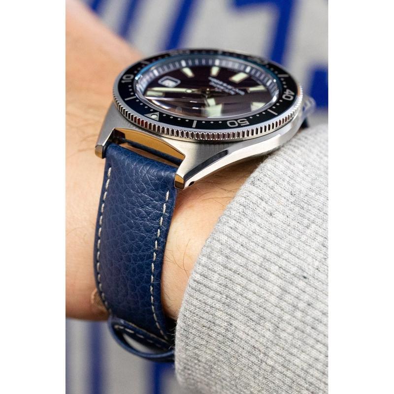 Hirsch KANSAS Buffalo-Embossed Calf Leather Watch Strap in BLUE with White Stitch