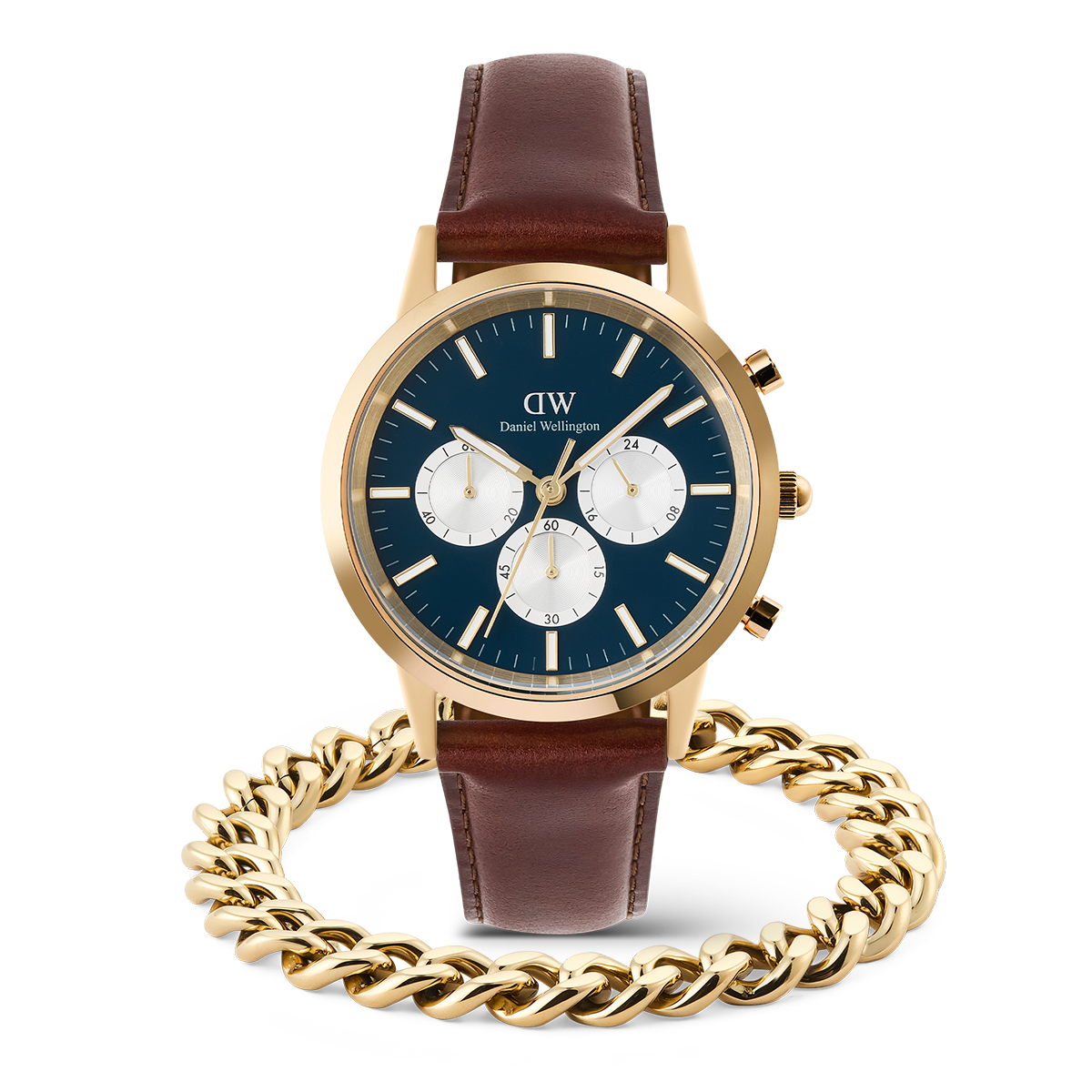 Daniel Wellington Bundle : Iconic Chronograph Panda + Ellipse Cuban Chain Bracelet Gold Set