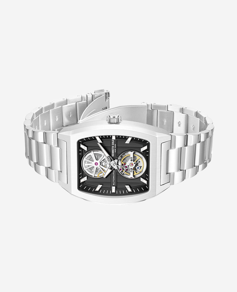 Kenneth Cole New York Skeleton Automatic Black Dial Stainless Steel Bracelet Watch Silver