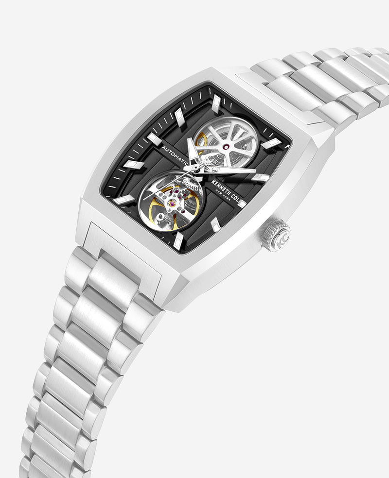Kenneth Cole New York Skeleton Automatic Black Dial Stainless Steel Bracelet Watch Silver