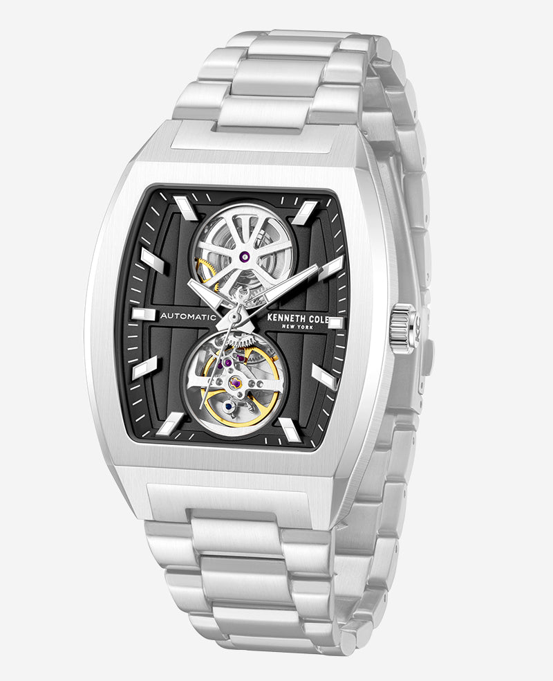Kenneth Cole New York Skeleton Automatic Black Dial Stainless Steel Bracelet Watch Silver