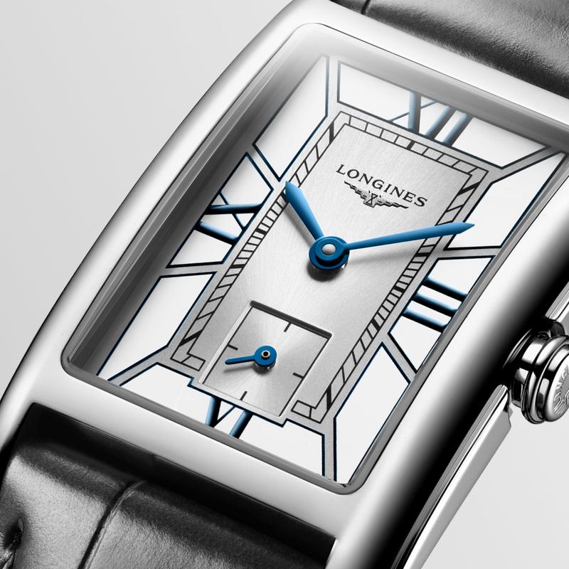 Longines DolceVita rectangular stainless steel watch with a silver dial, blue hands, and a black alligator leather strap.