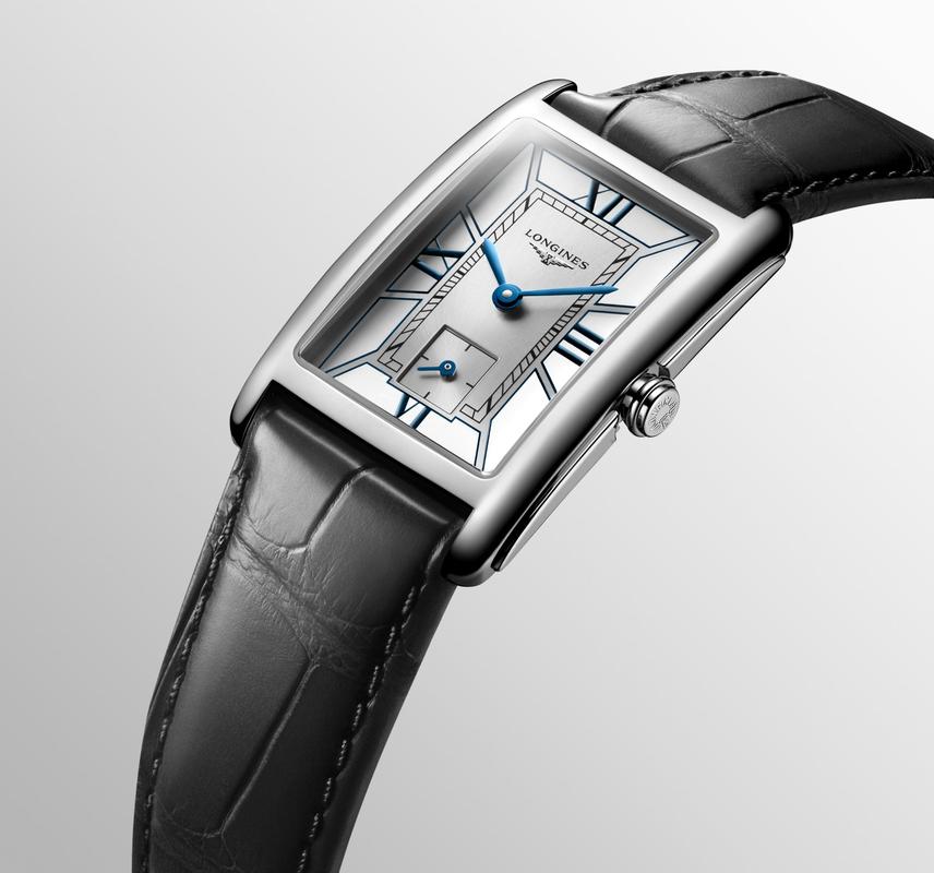 Longines DolceVita rectangular stainless steel watch with a silver dial, blue hands, and a black alligator leather strap.
