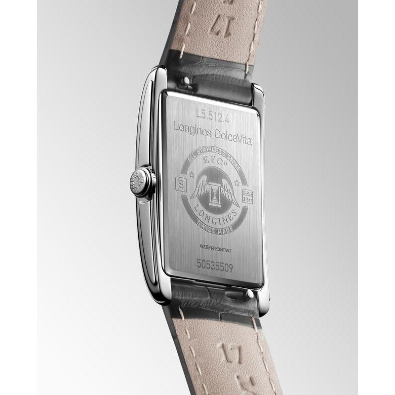 Case back of Longines DolceVita stainless steel watch with engraved logo and premium alligator leather strap.