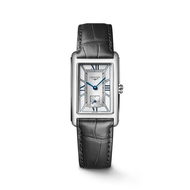 Longines DolceVita rectangular stainless steel watch with silver dial, blue hands, and black alligator leather strap.