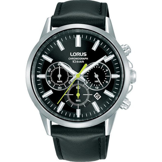 Lorus Gents Black Leather Strap Chronograph Watch