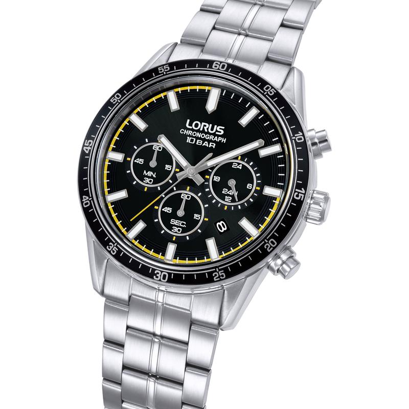 Lorus Sports Men's Quartz Chronograph Watch Stainless Steel Black Sunray Dial