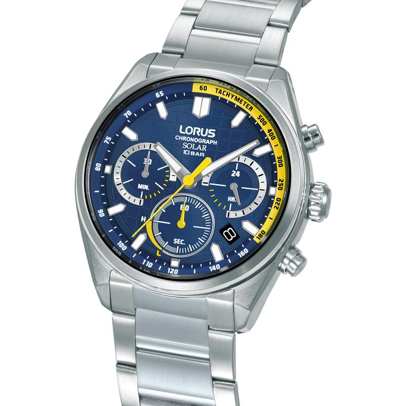 Lorus Sports Men's Solar Chronograph Watch Stainless Steel Dark Blue Sunray Dial