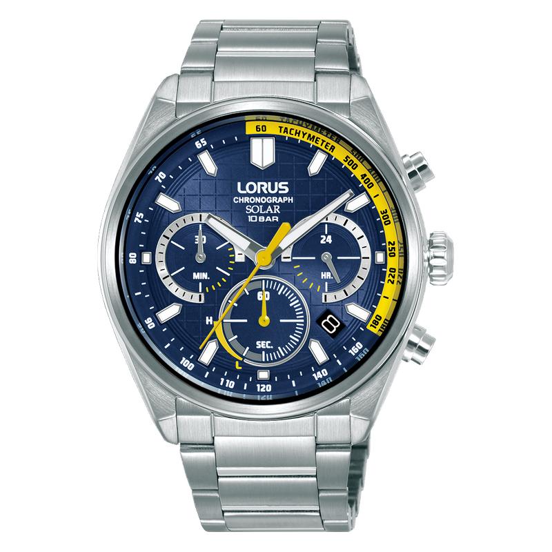Lorus Sports RZ533AX9 Men's 42mm Solar Chronograph Watch Stainless Steel Dark Blue Sunray Dial
