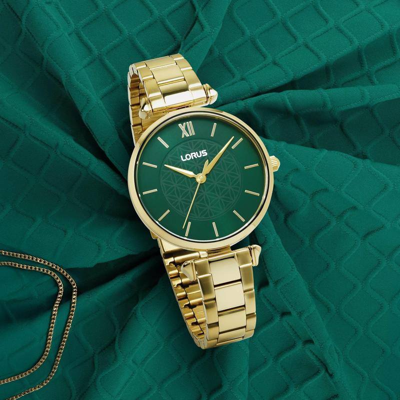 Lorus Women's Quartz Watch Silver Dark Green Sunray Dial