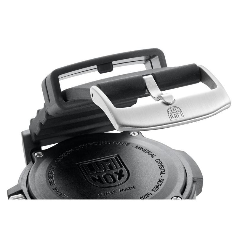Luminox Leatherback SEA Turtle Giant watch case back with durable black CARBONOX case and stainless steel buckle.