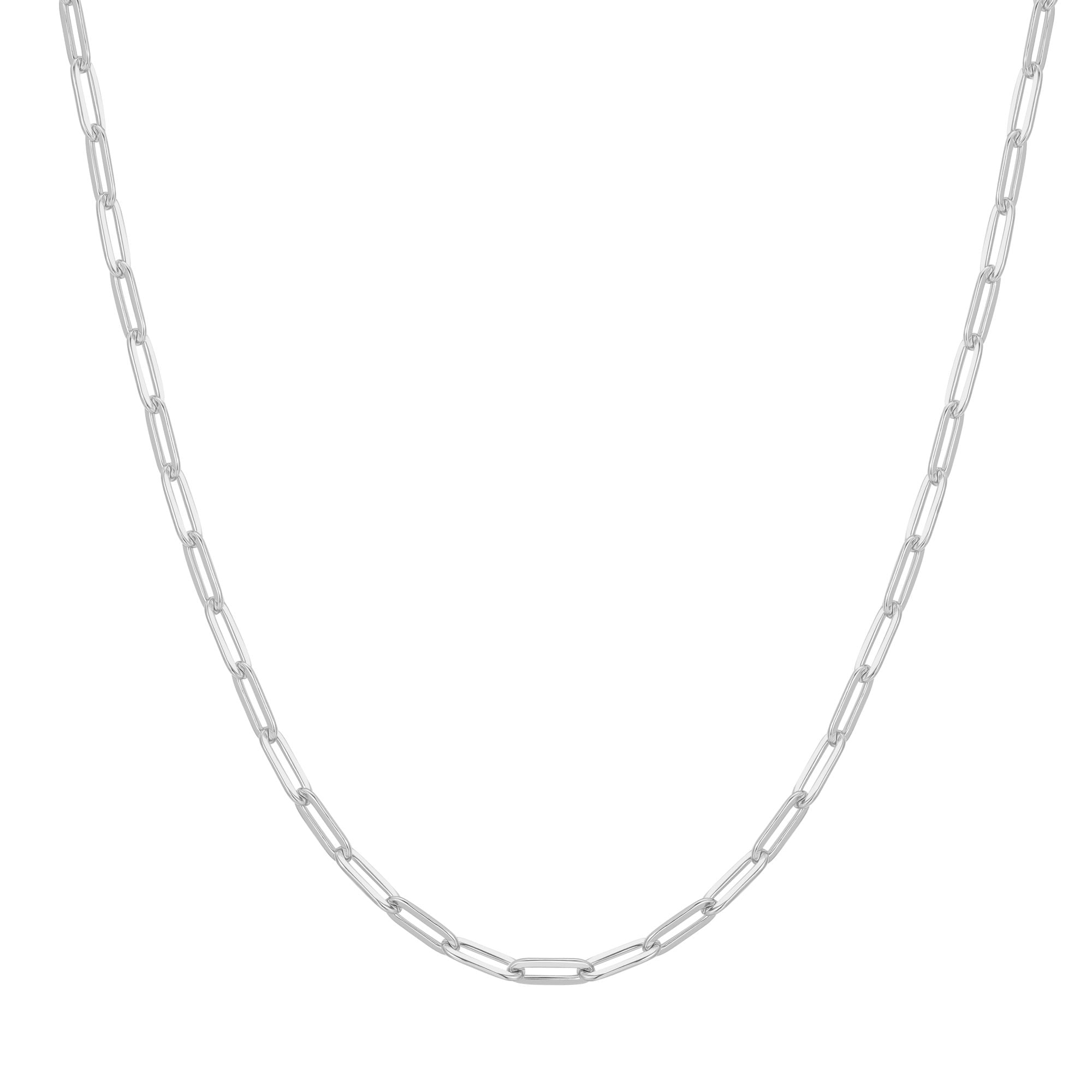 Elegant Silver Paper Clip Chain Necklace with Rhodium-Plated 38cm Length