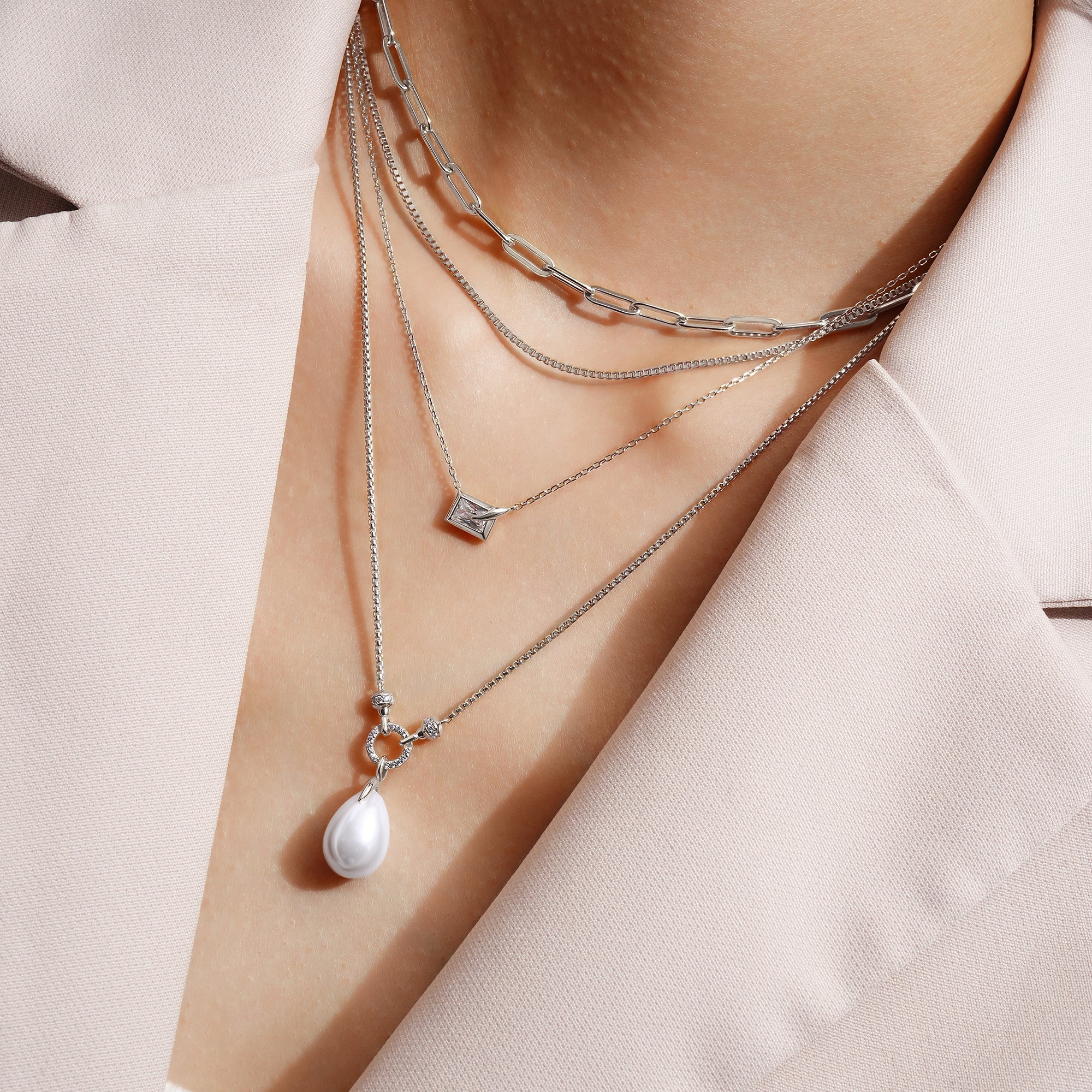 Elegant Silver Paper Clip Chain Necklace with Rhodium-Plated 38cm Length