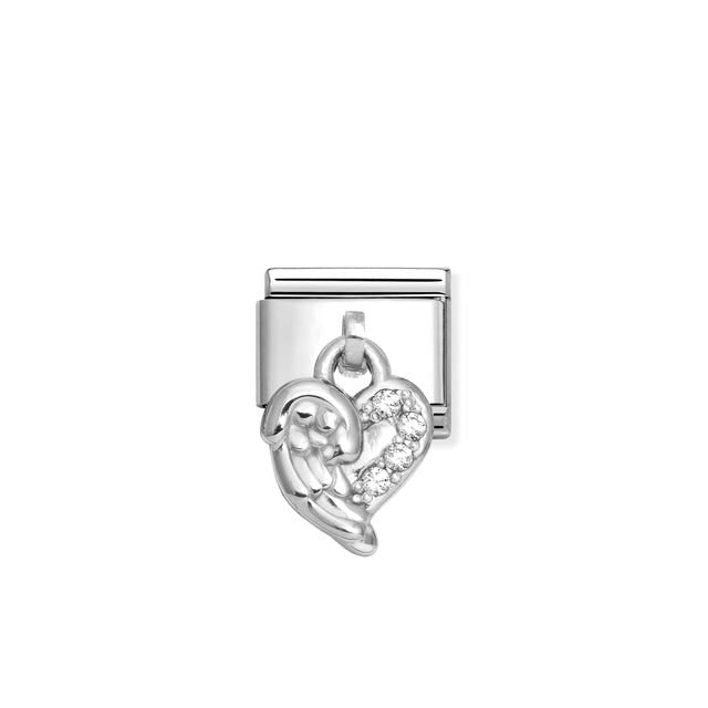 Nomination Composable Link Angel Wings, White Cubic Zirconia Hanging Charm, Silver