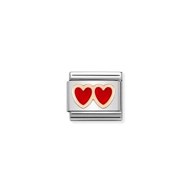 Nomination Composable Link Double Heart, 9K Rose Gold & Enamel