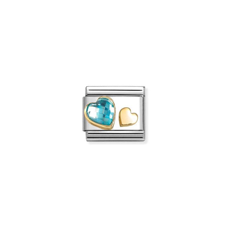 Nomination Composable Link Double Hearts, Light Blue Faceted Cubic Zirconia, 18K Gold