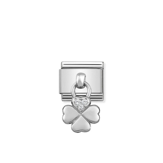 Nomination Composable Link Four-Leaf Clover Hanging Charm, Cubic Zirconia, Silver