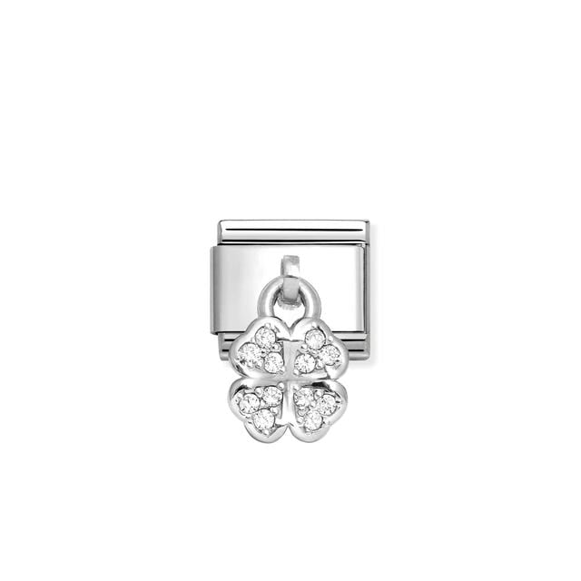 Nomination Composable Link Four-Leaf Clover Hanging Charm, White Cubic Zirconia, Silver