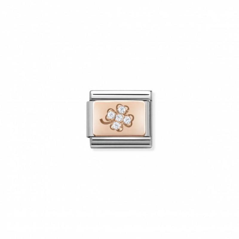 Nomination Composable Link Four-Leaf Clover Plate, White Cubic Zirconia, 9K Rose Gold