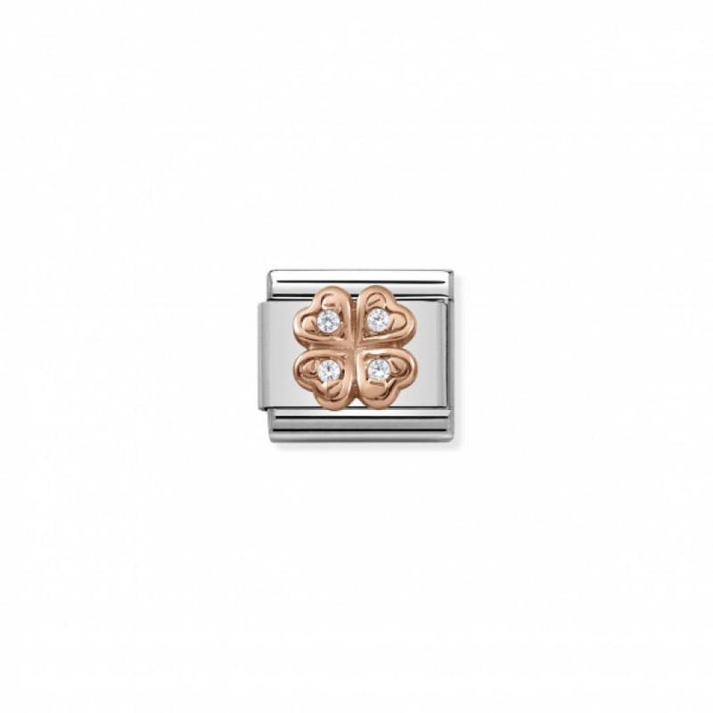 Nomination Composable Link Four-Leaf Clover, White Cubic Zirconia, 9K Rose Gold