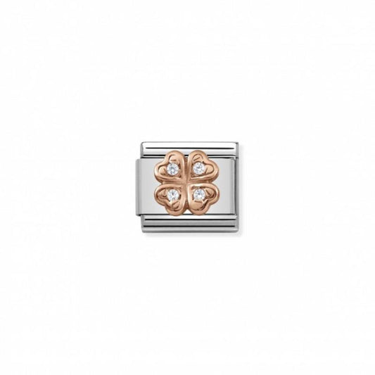 Nomination Composable Link Four-Leaf Clover, White Cubic Zirconia, 9K Rose Gold