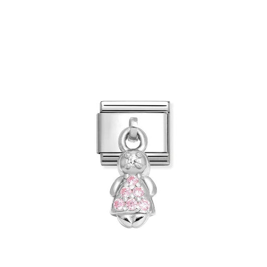 Nomination Composable Link Girl, Pink Stones Hanging Charm, Cubic Zirconia, Silver