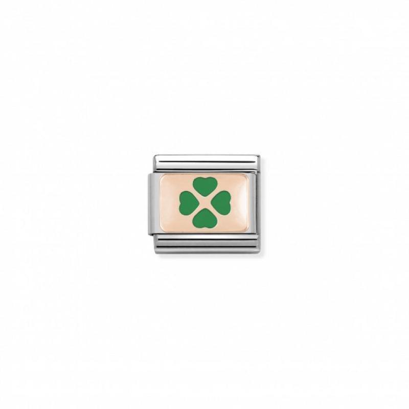 Nomination Composable Link Green Four-Leaf Clover, 9K Rose Gold & Enamel