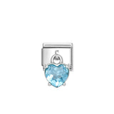 Nomination Composable Link Heart, Cut Stone Hanging Charm, Light Blue Cubic Zirconia, Silver