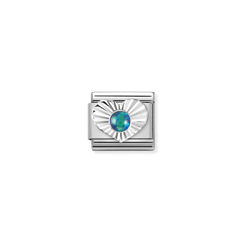 Nomination Composable Link Heart, Etched, Green Opal Stone, Silver