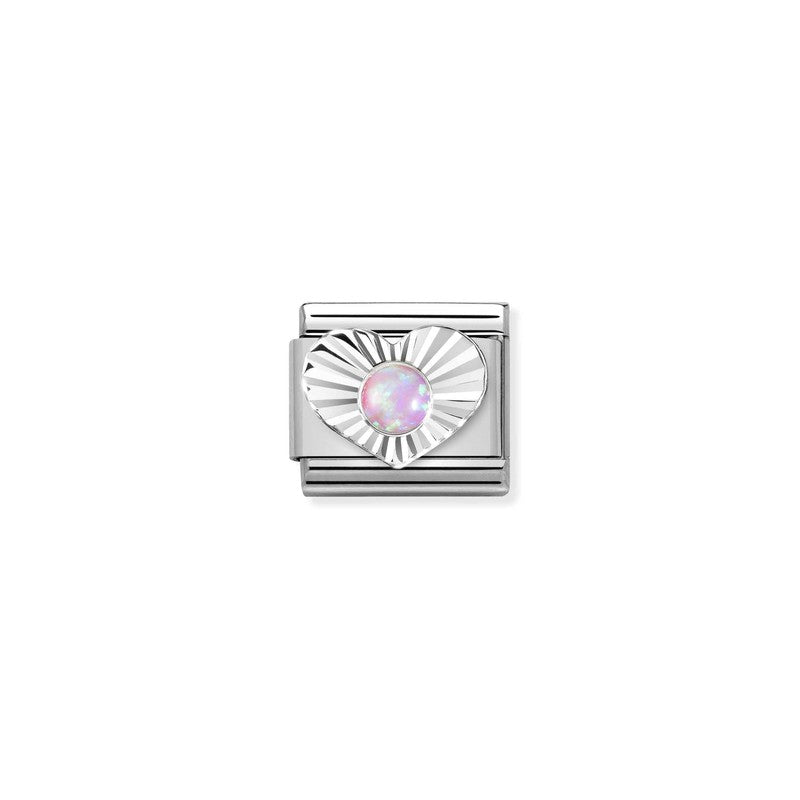 Nomination Composable Link Heart, Etched, Pink Opal Stone, Silver