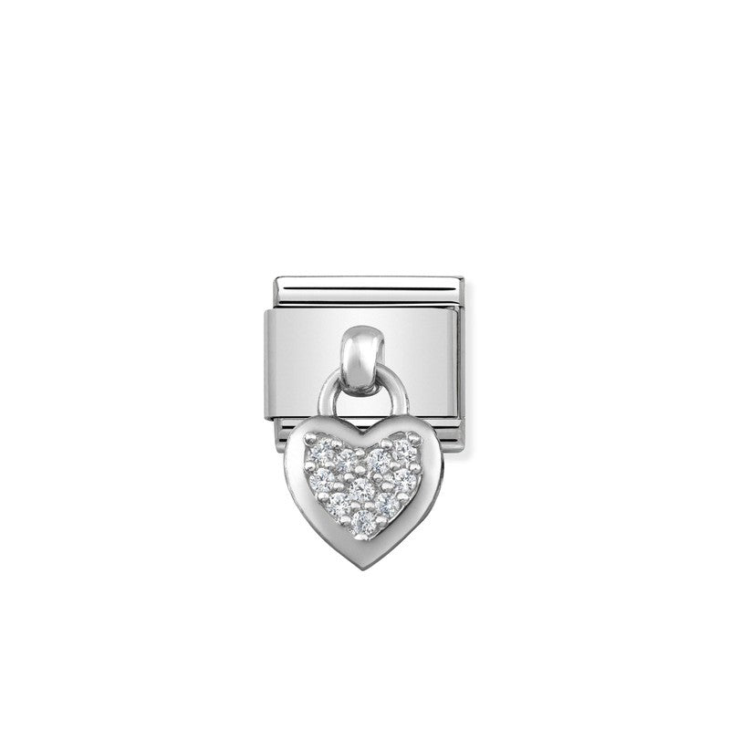 Nomination Composable Link Heart Hanging Charm, Cubic Zirconia, Silver