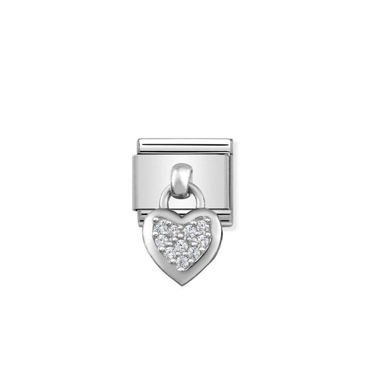 Nomination Composable Link Heart Hanging Charm, Cubic Zirconia, Silver