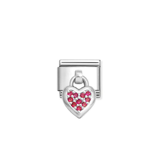 Nomination Composable Link Heart, Red Stones Hanging Charm, Cubic Zirconia, Silver