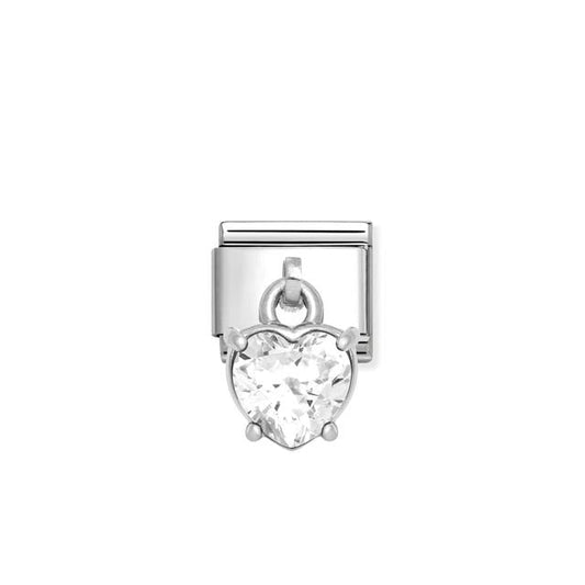 Nomination Composable Link Heart, White Hanging Charm, Cubic Zirconia, Silver