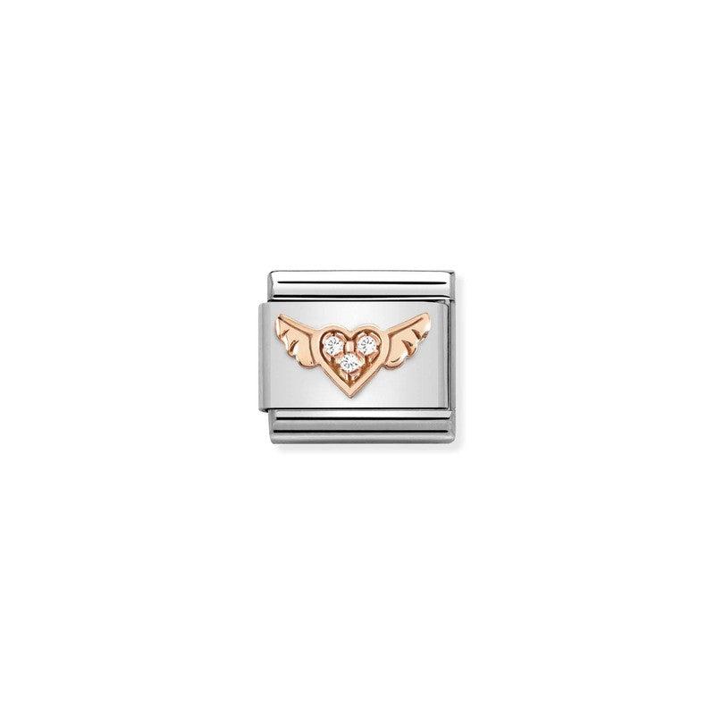 Nomination Composable Link Heart With Wings, Cubic Zirconia, 9K Rose Gold