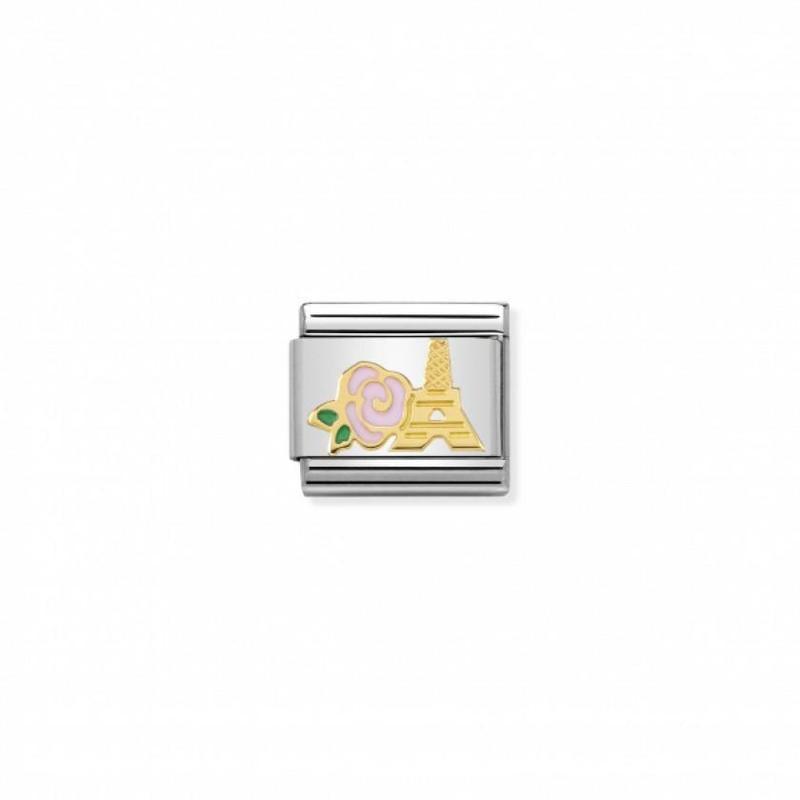 Nomination Composable Link La Vie En Rose With Eiffel Tower, 18K Gold & Enamel