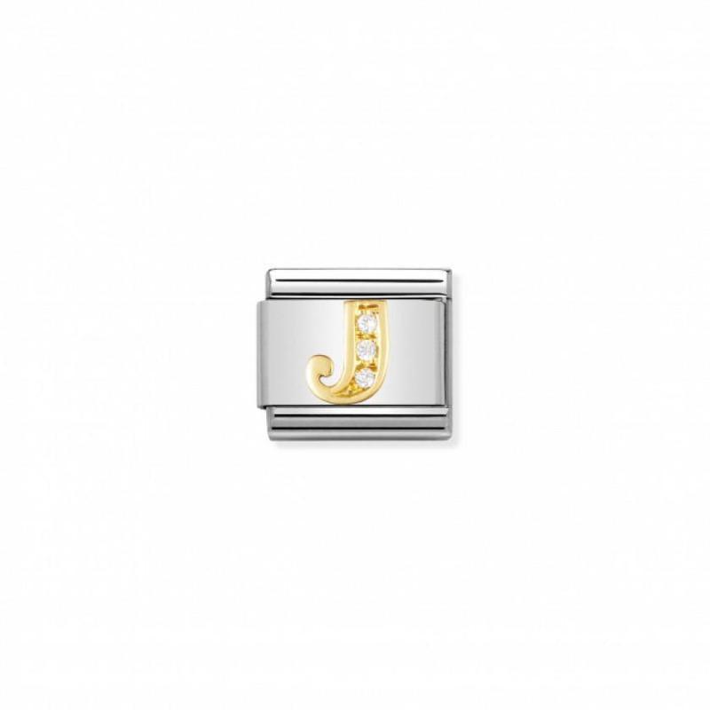 Nomination Composable Link Letter J, Cubic Zirconia, 18K Gold