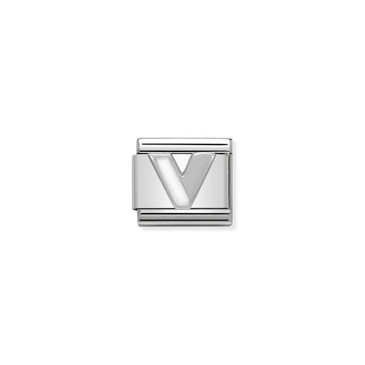 Nomination Composable Link Letter V, Silver & White Enamel