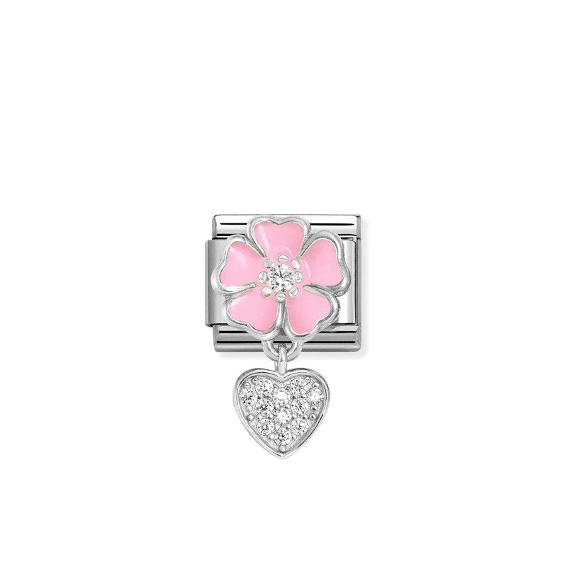 Nomination Composable Link Pink Flower, Heart Pendant, Silver & Enamel