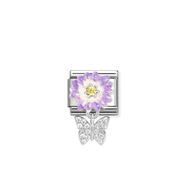 Nomination Composable Link Purple Flower, Butterfly, Cubic Zirconia, Silver & Enamel