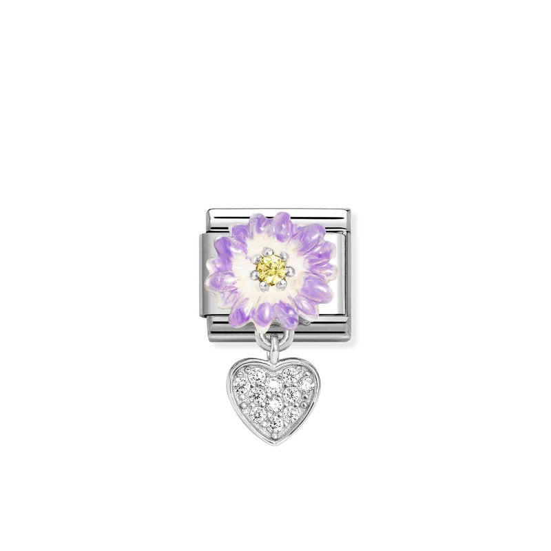 Nomination Composable Link Purple Flower, Heart Hanging Charm, Silver & Enamel